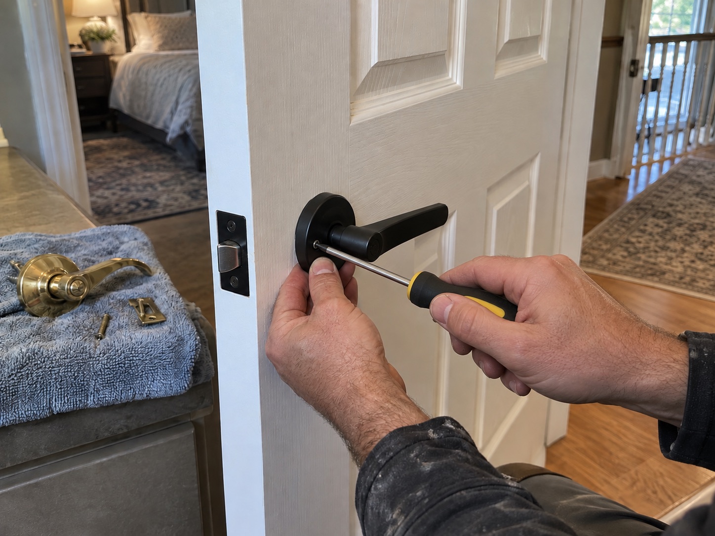 A handyman tightening a mounting screw on a matte black door lever