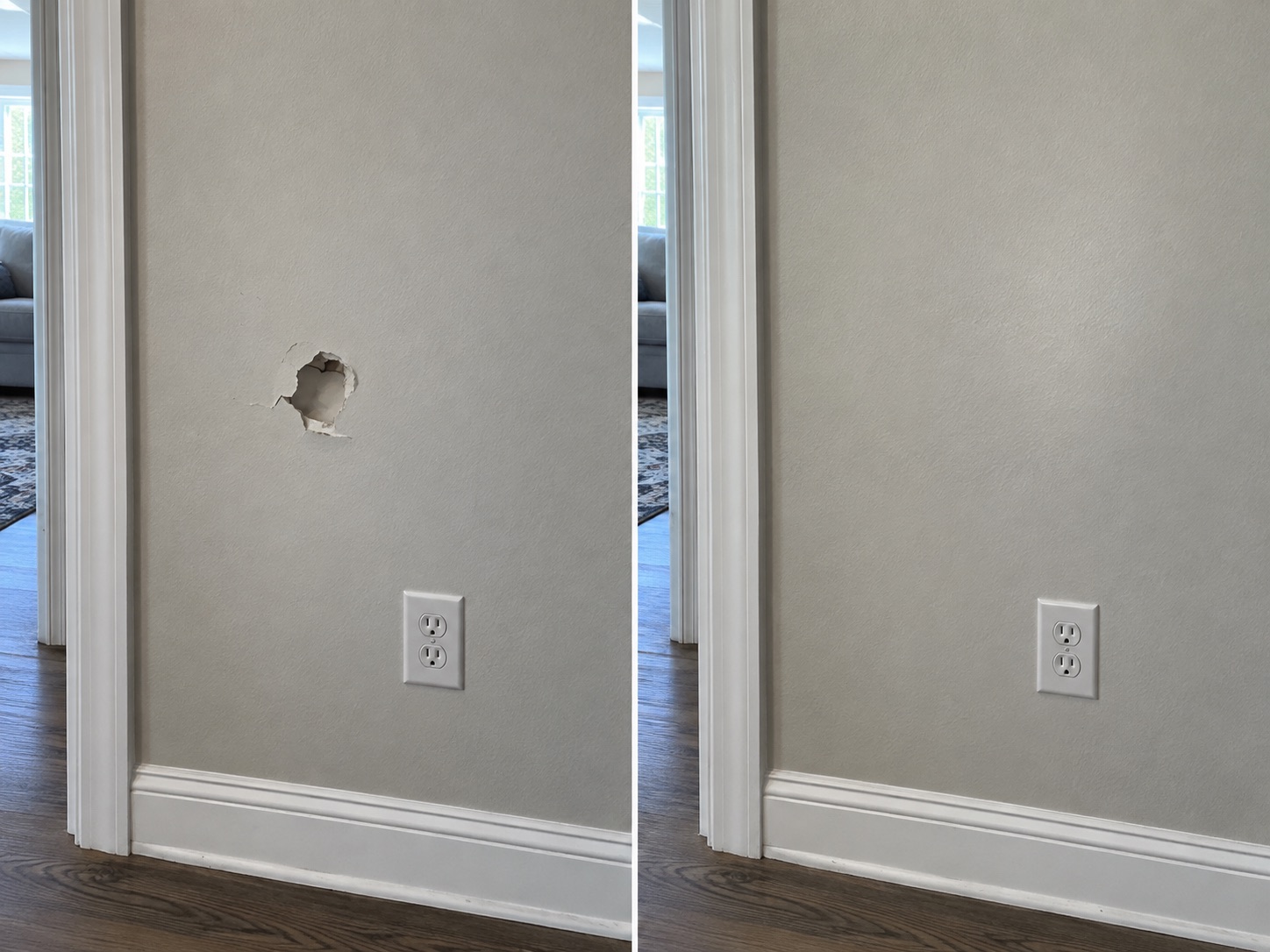 Before and after views of a small drywall repair